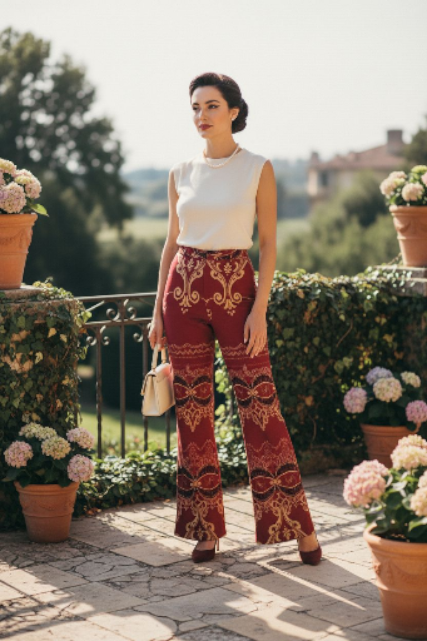 Woman wearing burgundy high waist wide leg pants with intricate gold patterns from Angelic Blessings Shop