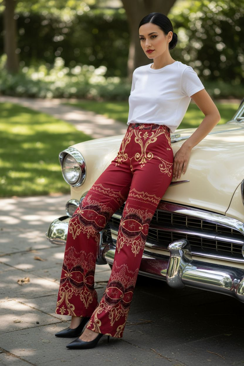 Burgundy high waist wide leg pants with intricate gold patterns worn by woman leaning on vintage car