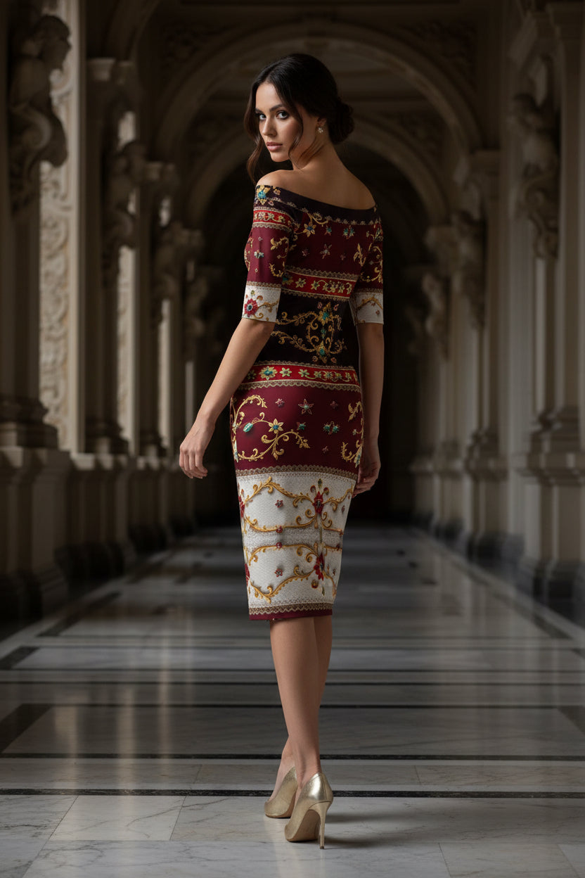 Bodycon Dress Elegant Evening Outfit Off Shoulder Patterned Midi Length