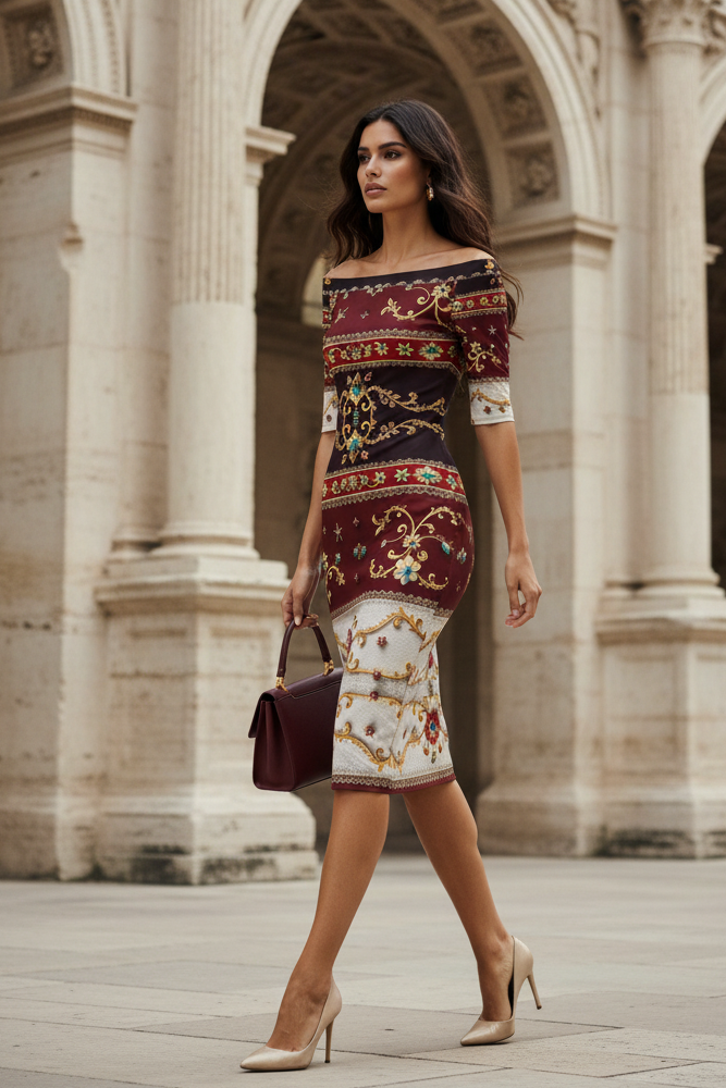 Bodycon Dress Elegant Evening Outfit with Patterned Design and Off Shoulder Style