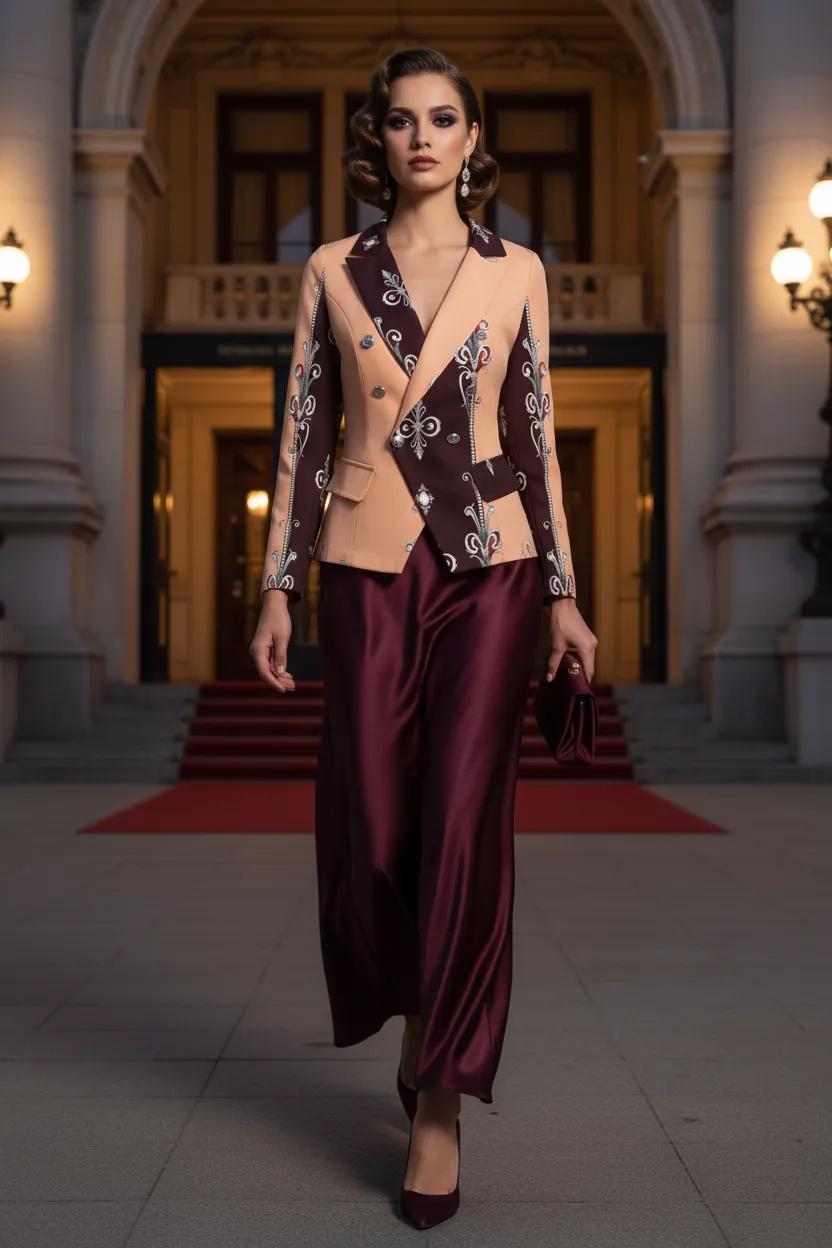 Burgundy Pale Rose Baroque Women's Blazer Clothing Elegant Evening Outfit Stylish