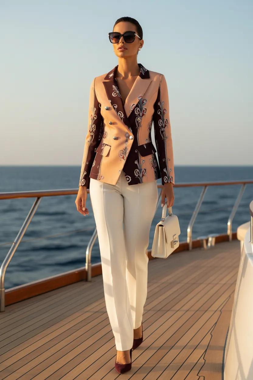 Burgundy Pale Rose Baroque women's blazer clothing elegant evening outfit with white pants
