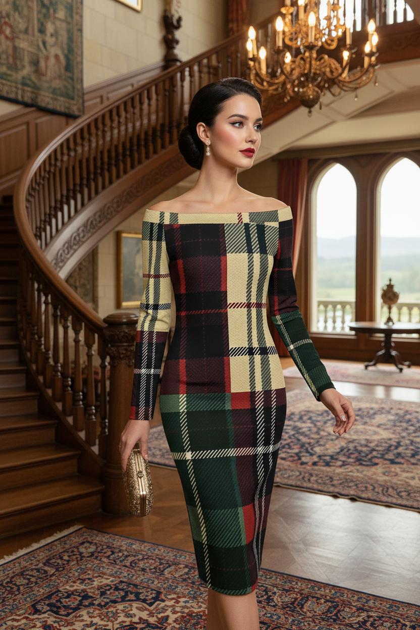 Burgundy plaid long sleeve bodycon midi dress with traditional pattern