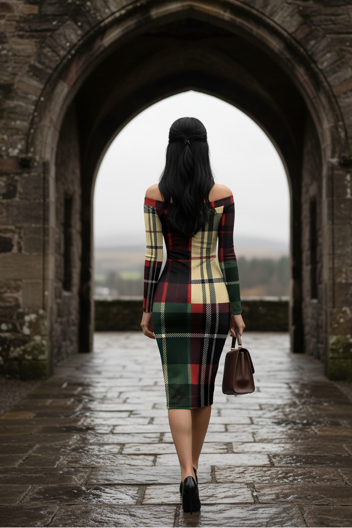 Back view of a woman wearing a burgundy tartan off shoulder midi dress walking through a stone archway