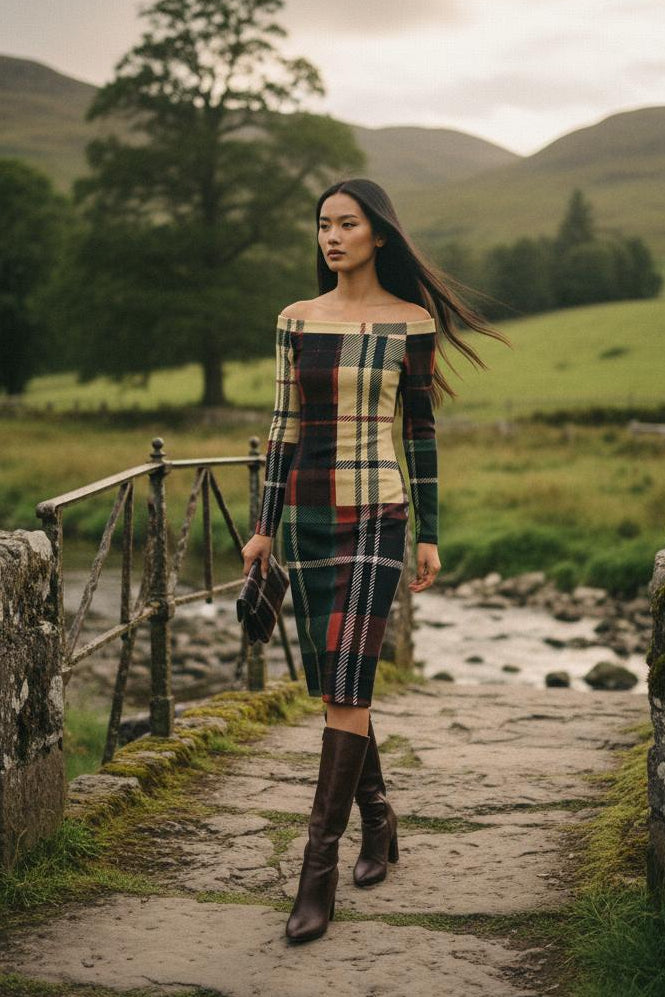 Burgundy tartan off shoulder midi dress worn by woman walking on stone bridge in scenic countryside