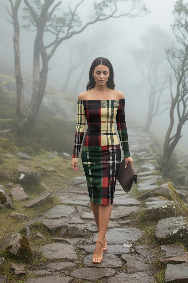 Burgundy tartan off shoulder midi dress worn by woman walking on stone path in foggy forest