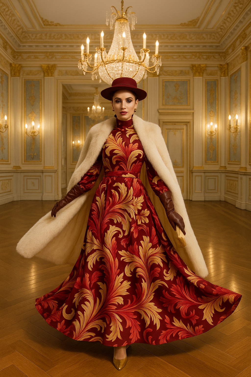 Burgundy Victorian High neck maxi dress with gold floral patterns styled with a fur coat and hat