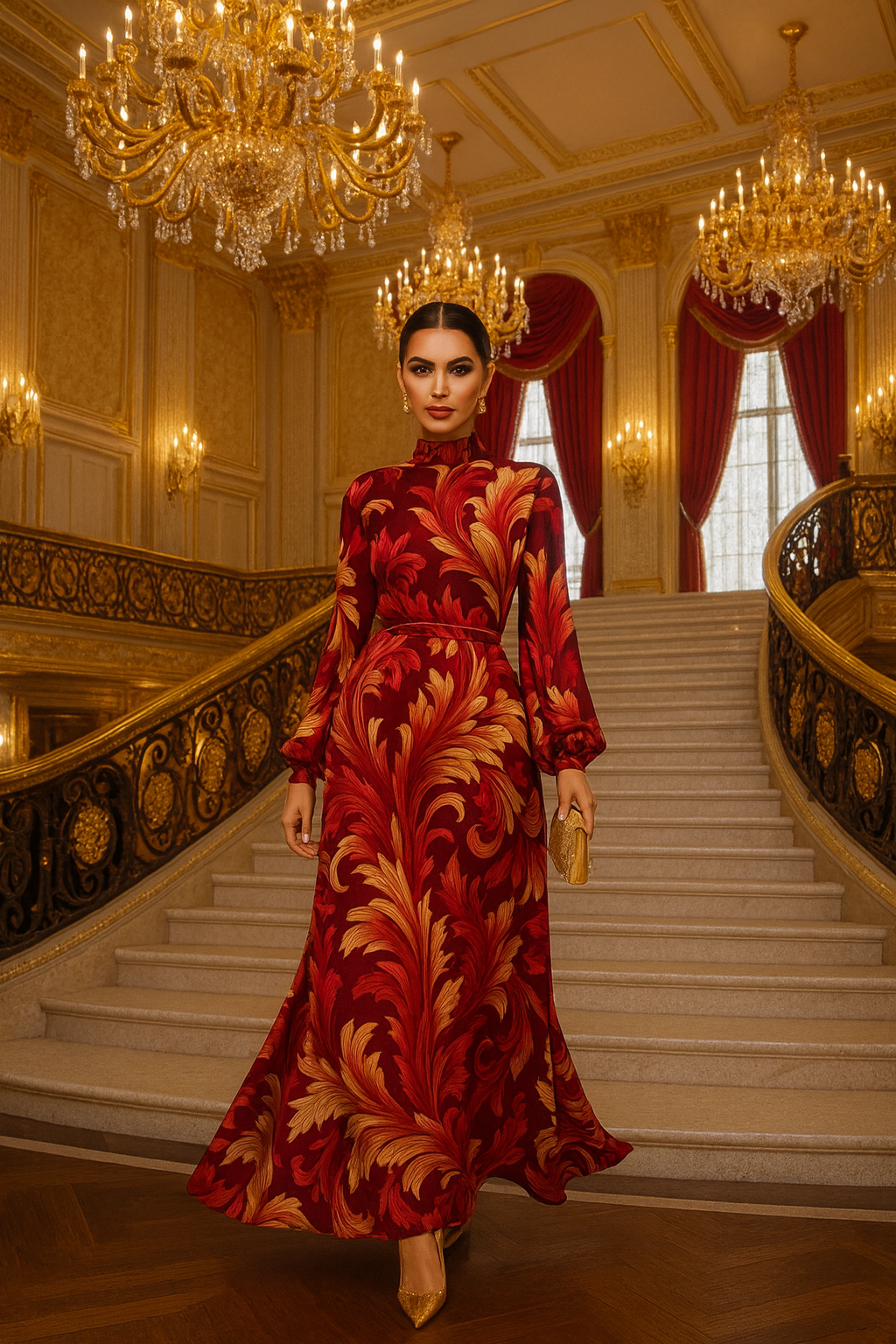 Burgundy Victorian High neck maxi dress with gold leaf pattern from Angelic Blessings Shop