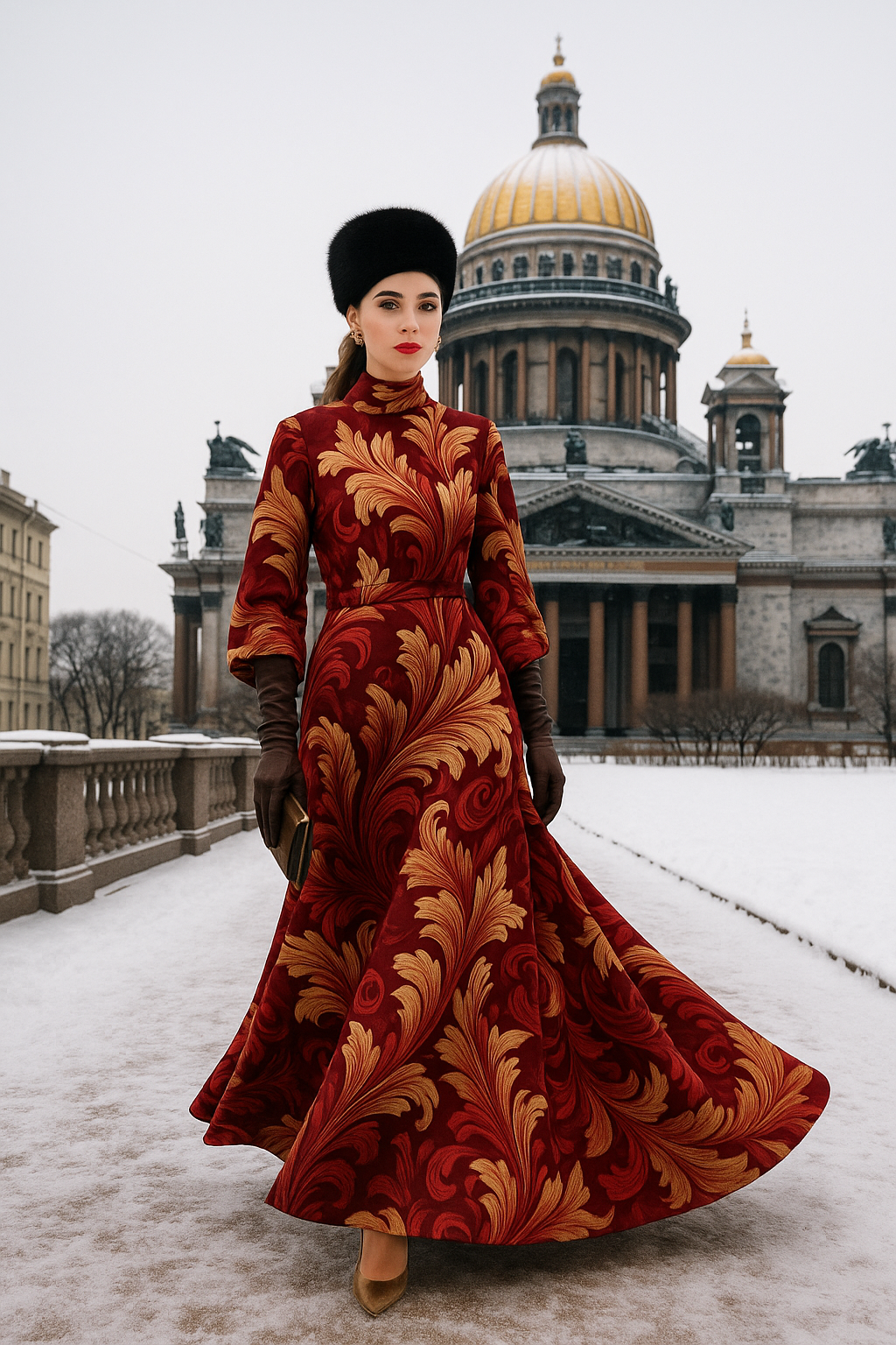 Burgundy Victorian High neck maxi dress with gold floral patterns worn by a woman outside a historic building