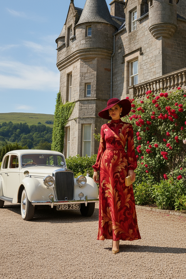Model wearing a burgundy Victorian High neck maxi dress with floral pattern and matching hat outside a historic stone mansion