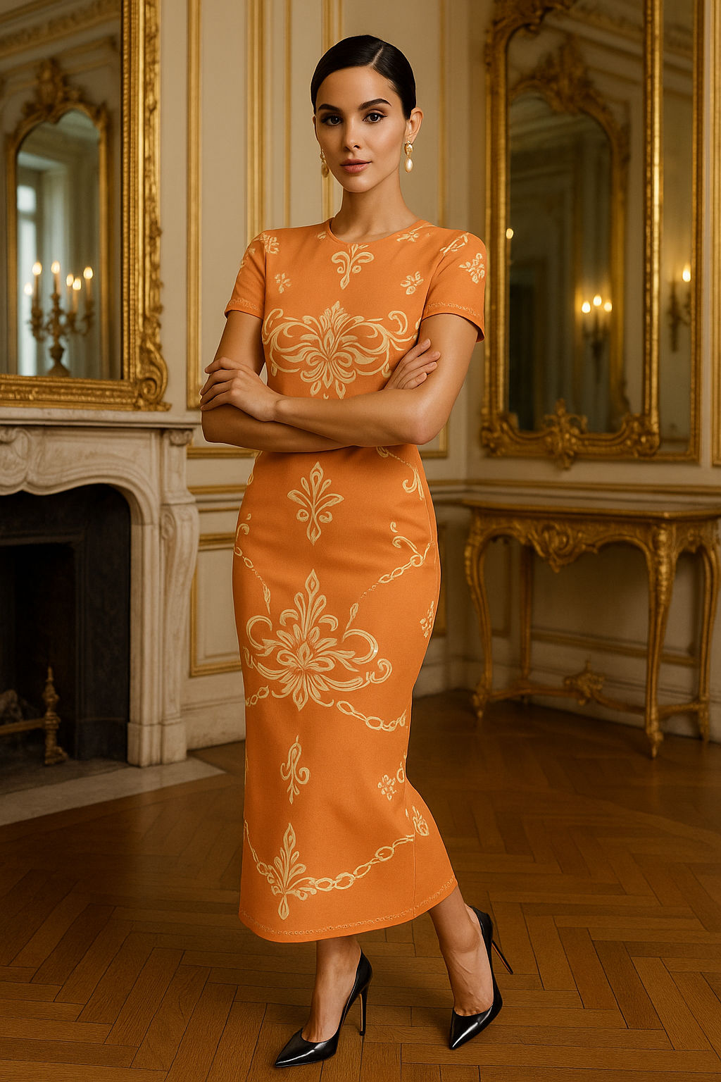 Chic summer pastel orange dress with short sleeves