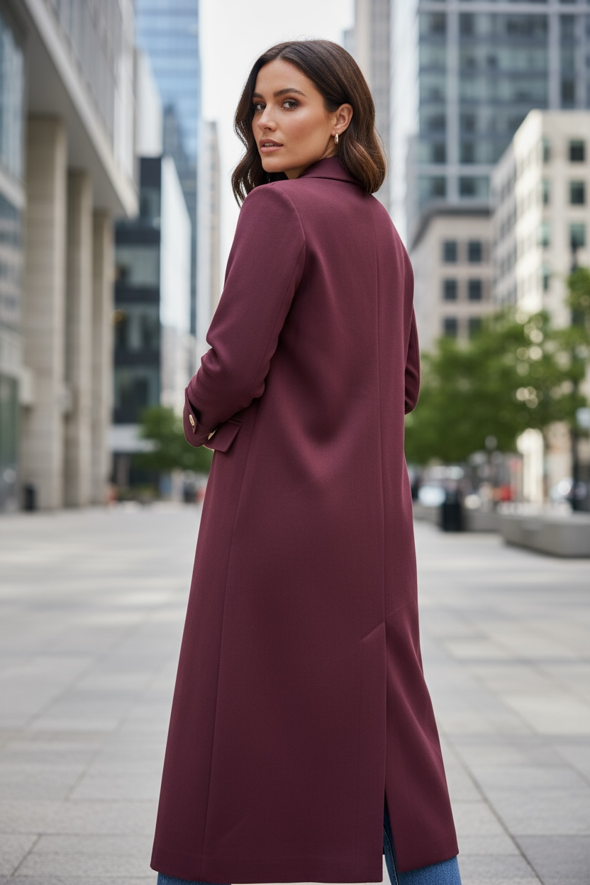 Luxury burgundy trench coat women modeled by woman outdoors in urban setting from behind