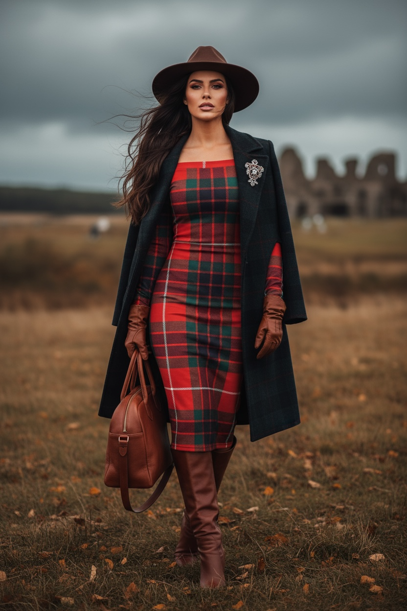 Woman wearing a Clan Fraser tartan off shoulder dress paired with a black coat, brown boots, and hat outdoors