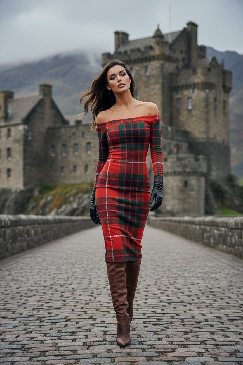 Model wearing Clan Fraser tartan off shoulder dress by Angelic Blessings Shop with brown boots and black gloves