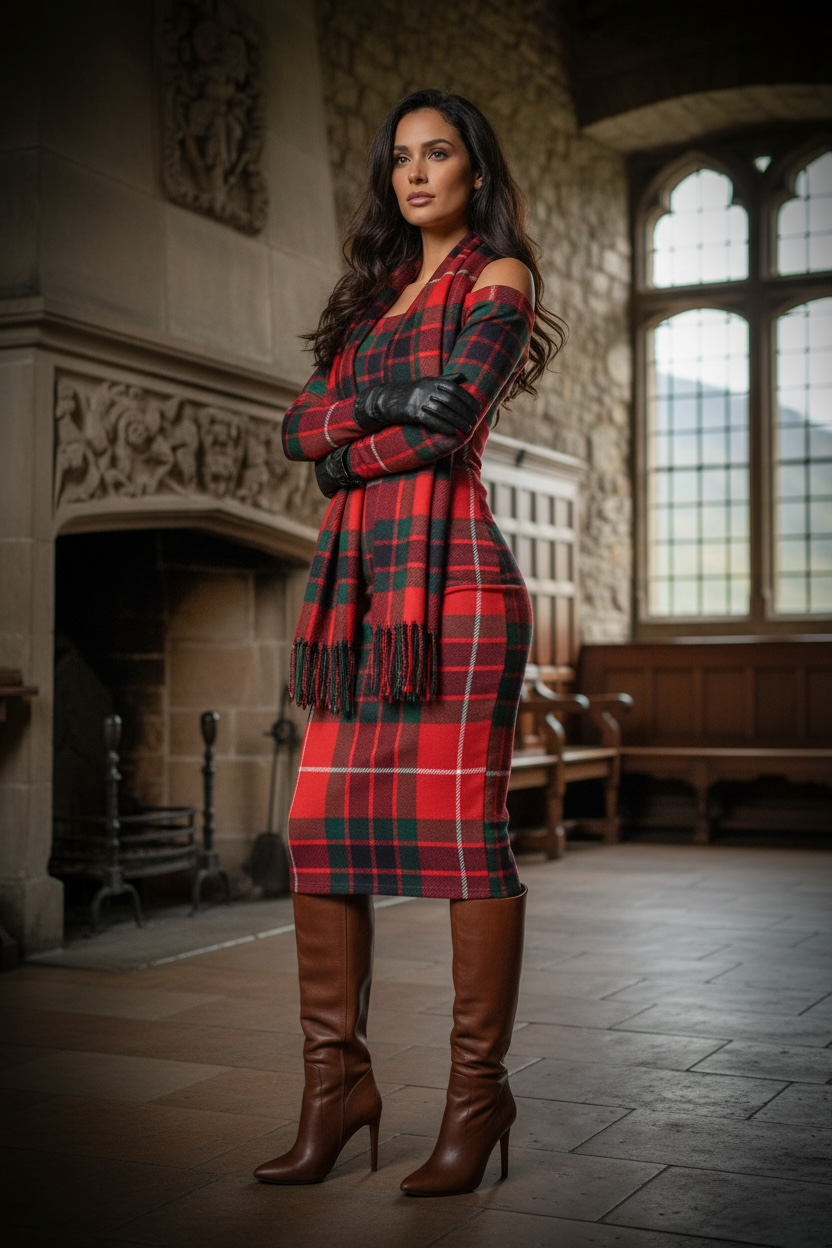 Woman wearing Clan Fraser tartan off shoulder dress with matching scarf and brown knee-high boots in historic room