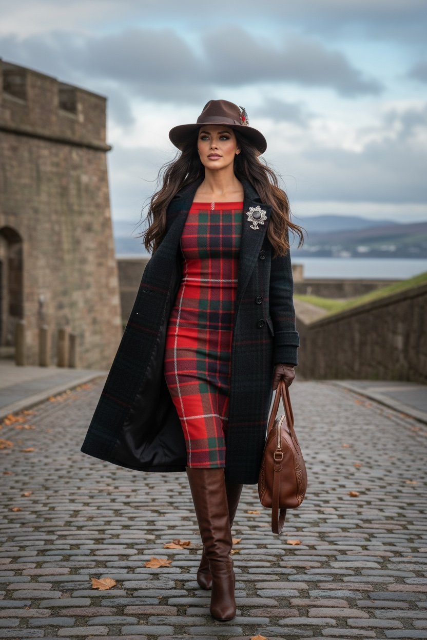 Woman wearing Clan Fraser tartan off shoulder dress with long black coat and brown boots walking on cobblestone path