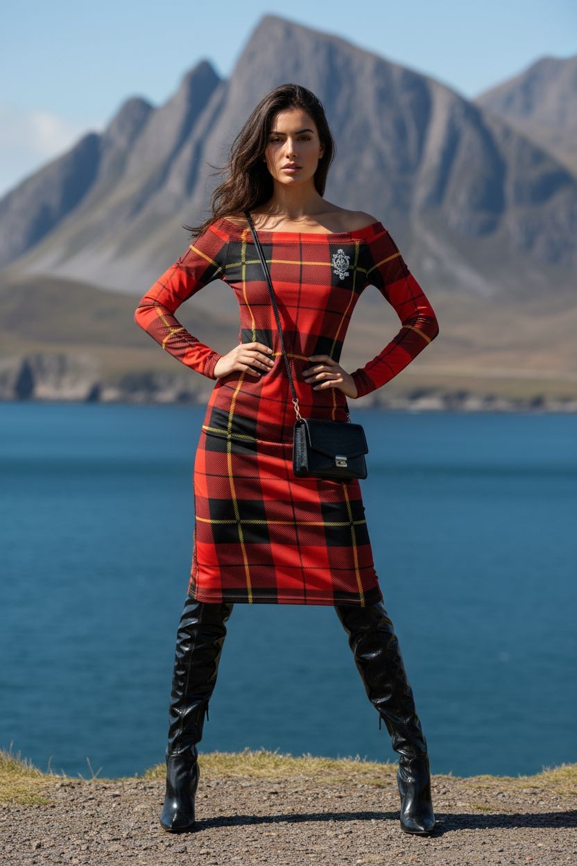Side profile of a woman in a red and black Clan Wallace plaid bodycon midi dress with long sleeves.
Off Shoulder Tartan Dress, Highland Fashion, Scottish Elegance
