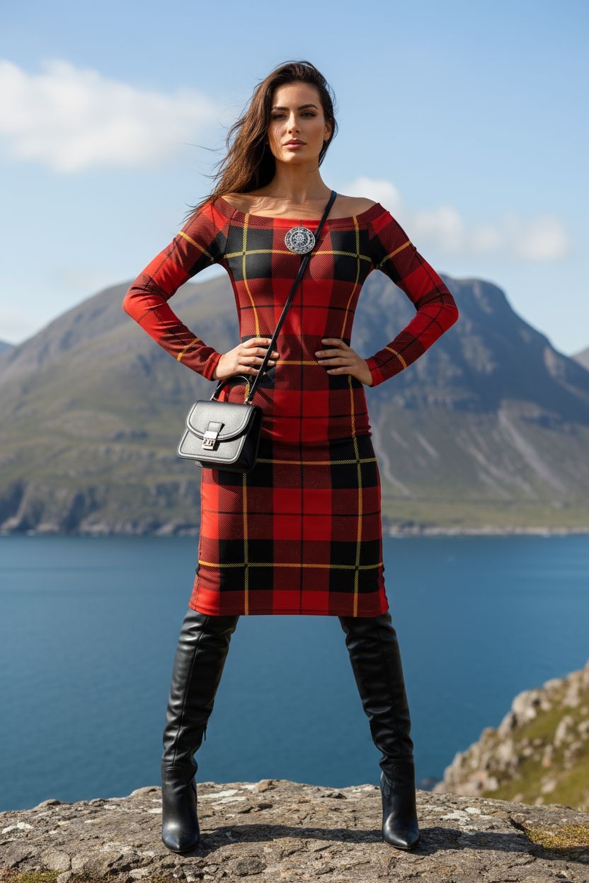 Close-up of red and black tartan plaid pattern on Clan Wallace dress showing traditional Scottish design.
Plaid Fabric Detail, Clan Wallace Pattern, Tartan Textile