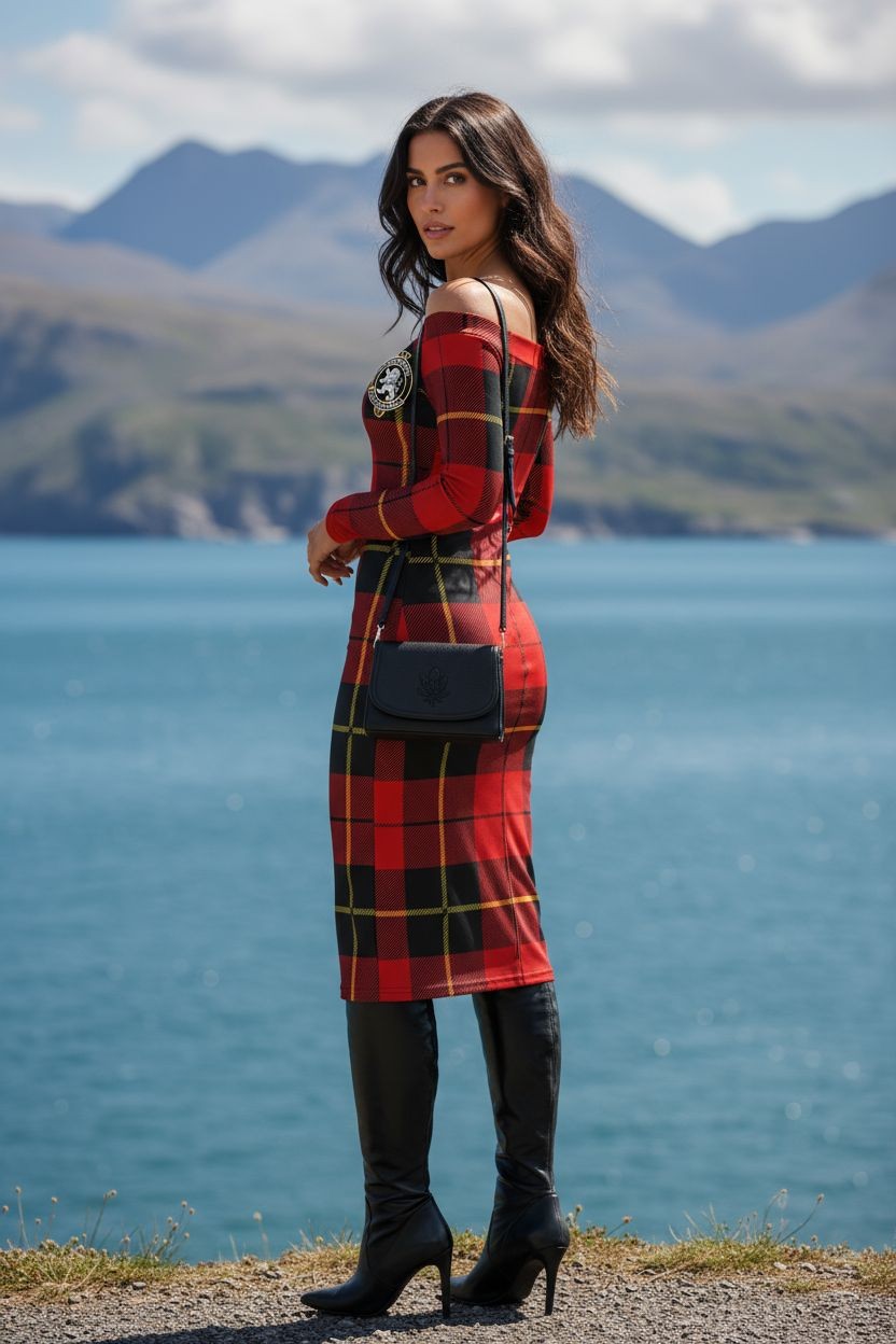 Woman in elegant Clan Wallace tartan dress posing with confidence in Scottish mountainscape.
Scottish Heritage Look, Clan Wallace Fashion, Quiet Luxury Outfit