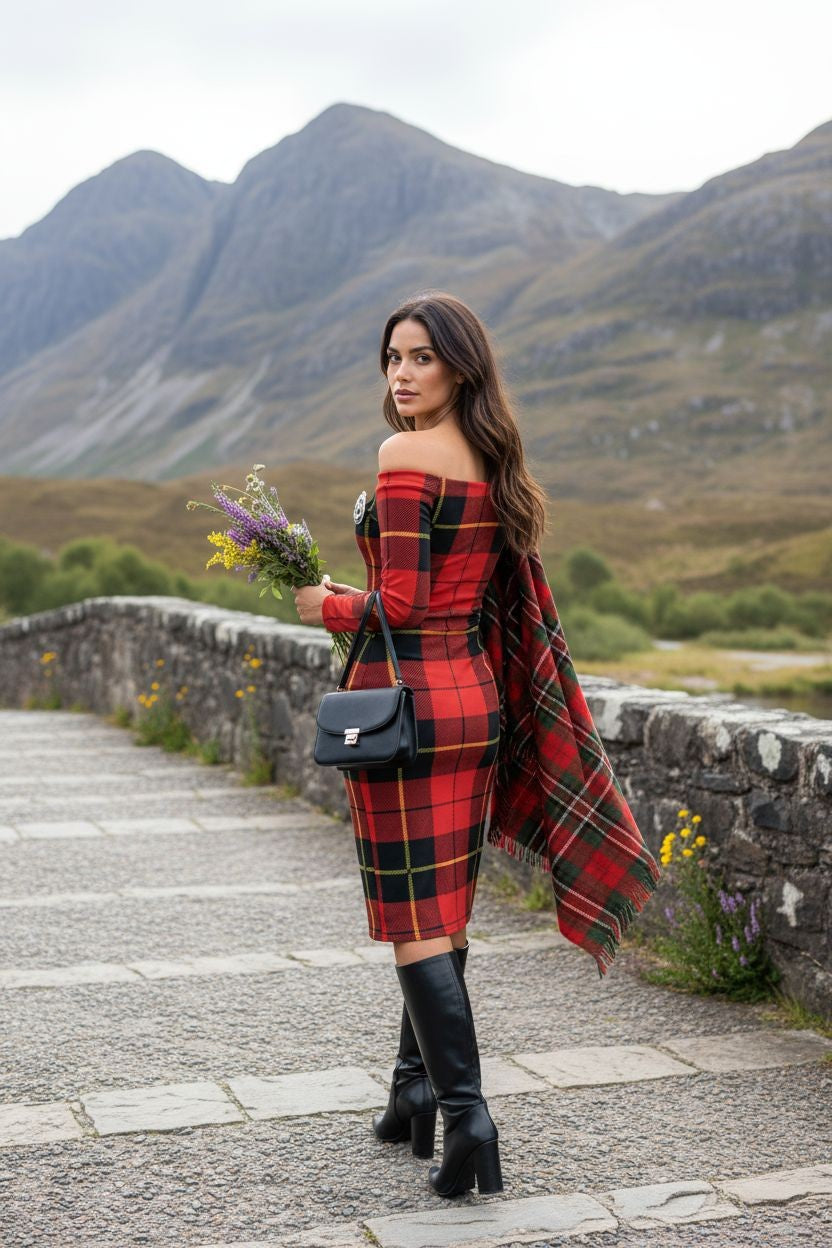 Model wearing red plaid Clan Wallace dress styled with a black leather bag in Scottish countryside.
Heritage Outfit, Tartan Dress Styling, Scottish Fashion Look