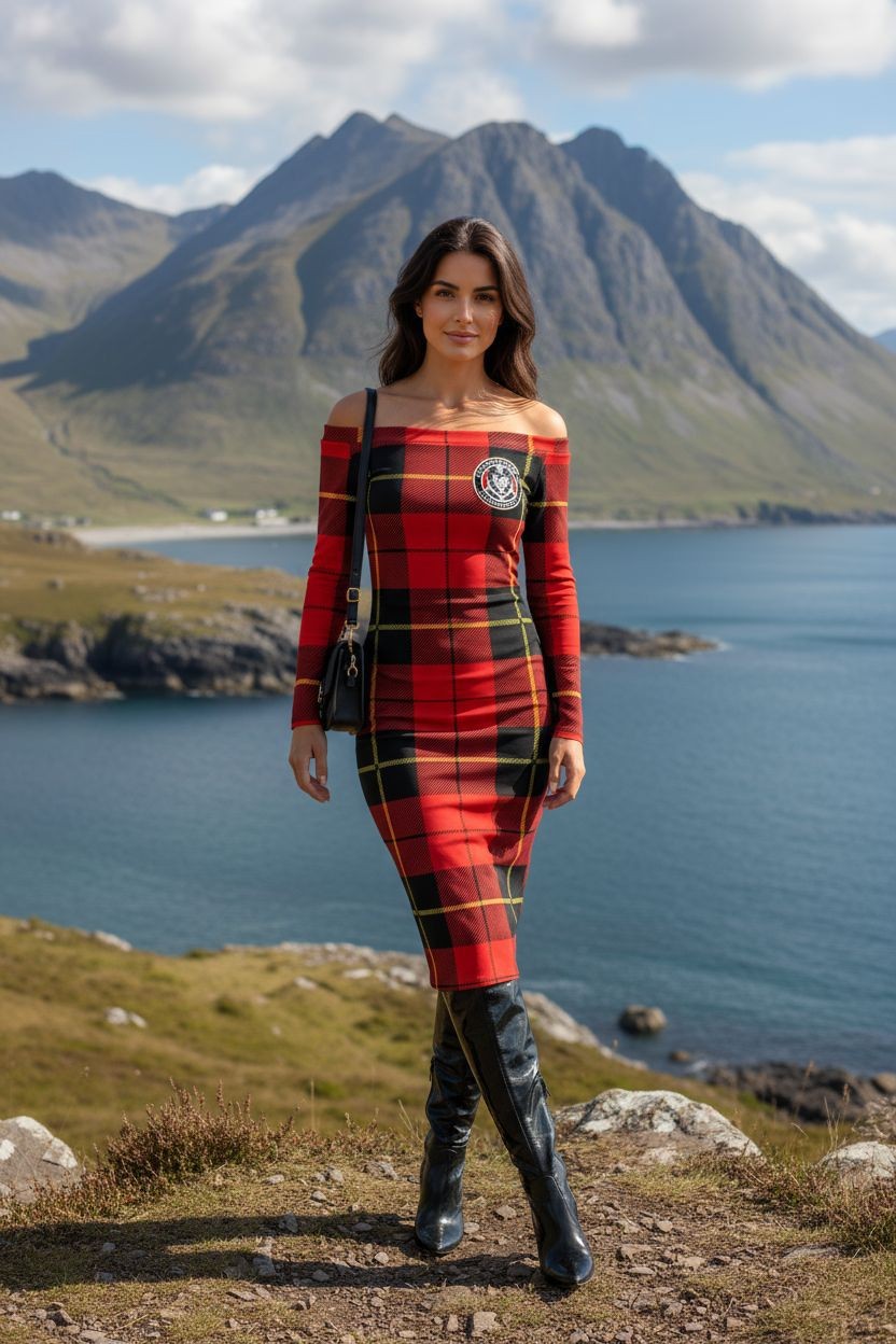 oman wearing a red Clan Wallace Tartan off-the-shoulder midi dress standing by the Scottish Highlands.
Clan Wallace Tartan Dress, Scottish Heritage Fashion, Red Plaid Dress