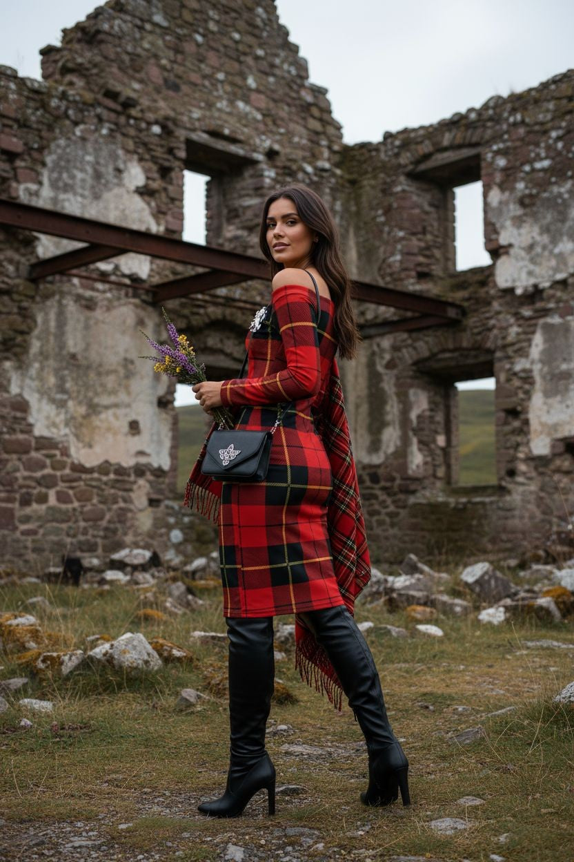 Clan Wallace Tartan Off-The-Shoulder Long Sleeve Midi Bodycon Wrap Dress - Angelic Blessings