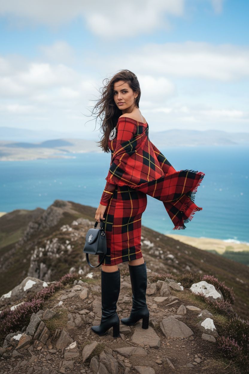 Clan Wallace Tartan Off-The-Shoulder Long Sleeve Midi Bodycon Wrap Dress - Angelic Blessings