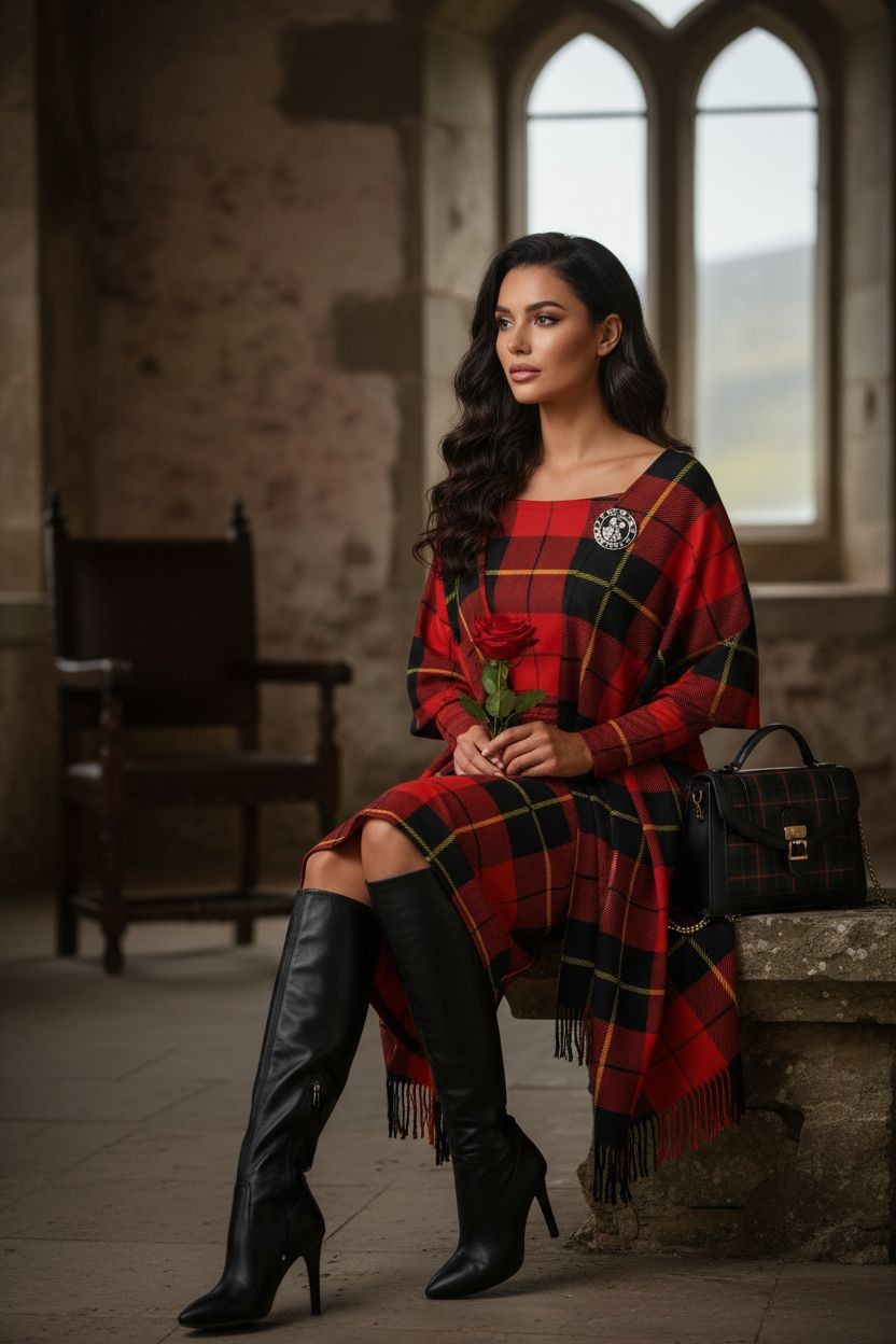 Clan Wallace Tartan Off-The-Shoulder Long Sleeve Midi Bodycon Wrap Dress - Angelic Blessings
