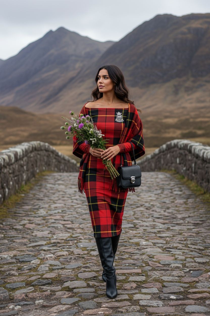 Woman in red plaid off-shoulder midi dress standing on a Scottish hill with mountain and loch background.
Scottish Highlands Dress, Clan Wallace Fashion, Heritage Elegance