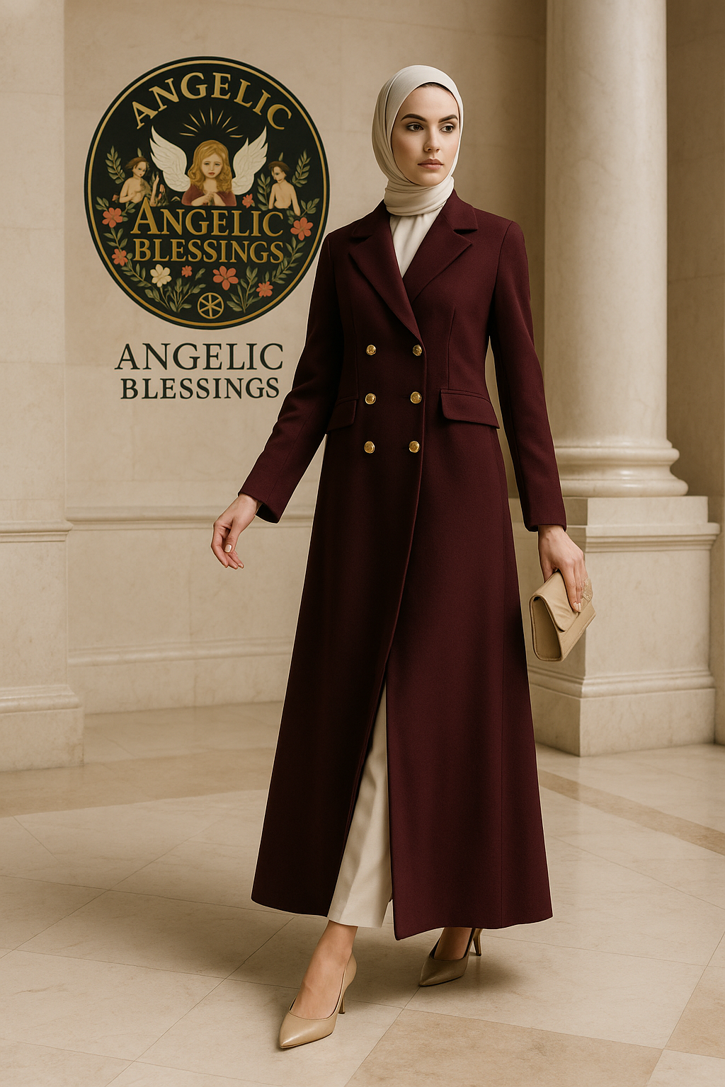 Luxury burgundy trench coat women double-breasted full-length coat with gold buttons