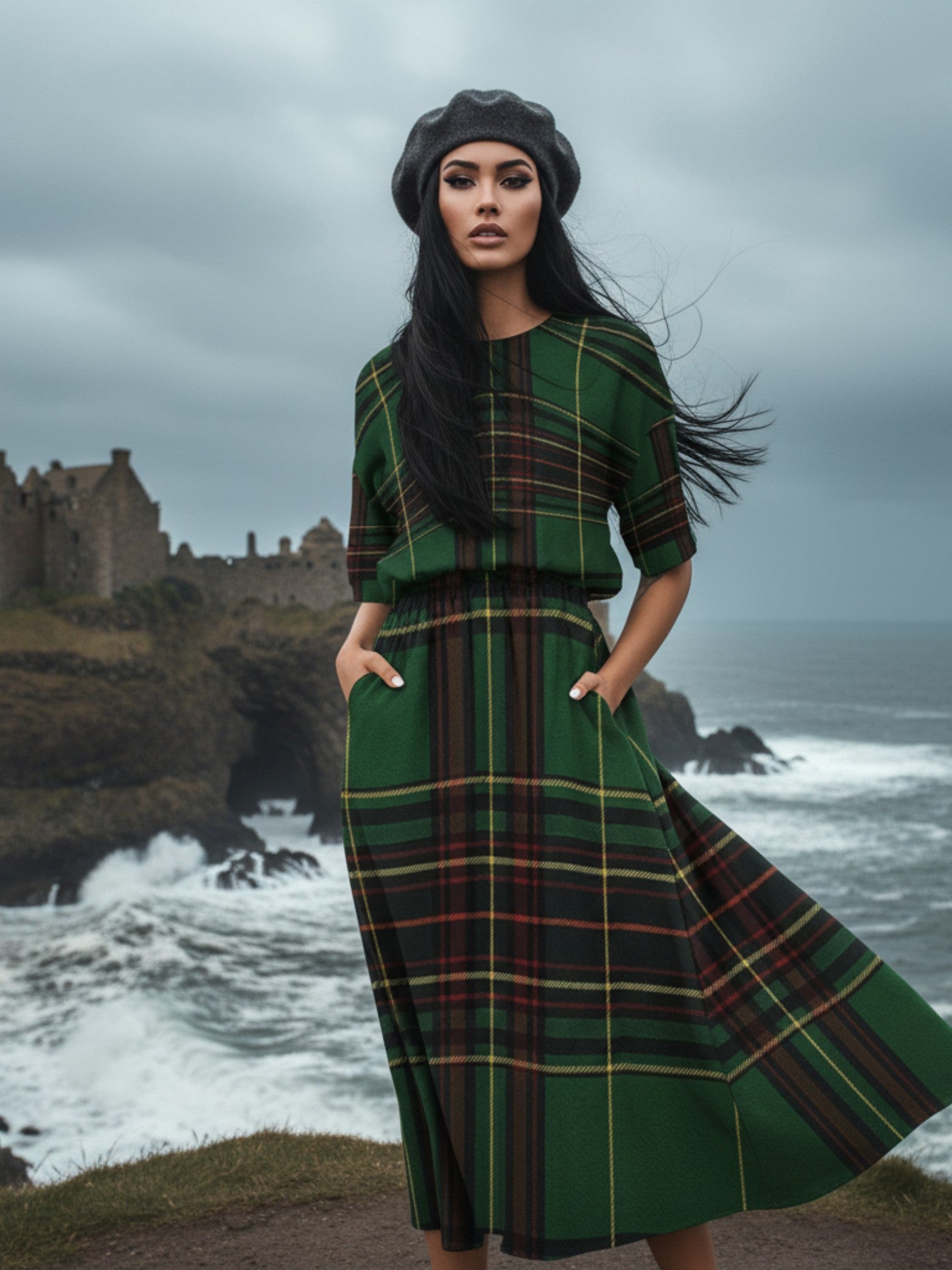 Woman wearing Cramond tartan midi dress in green plaid pattern standing by stormy seaside cliffs