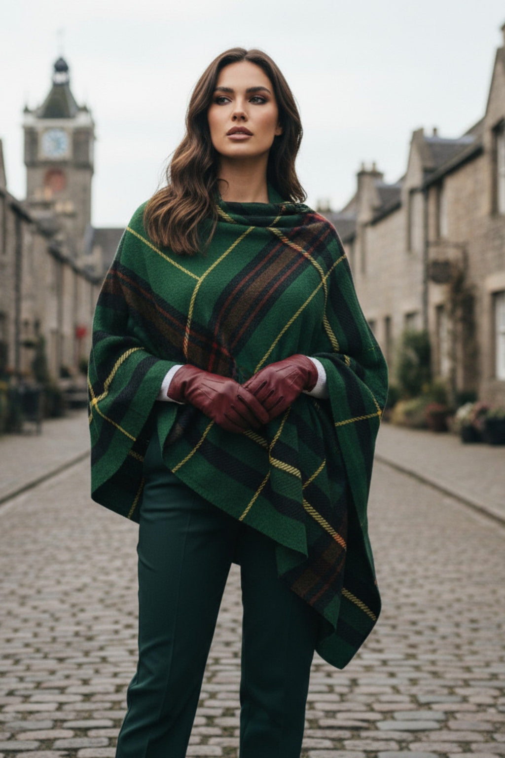Woman wearing green and black Cramond tartan ruana shawl from Angelic Blessings Shop on a cobblestone street