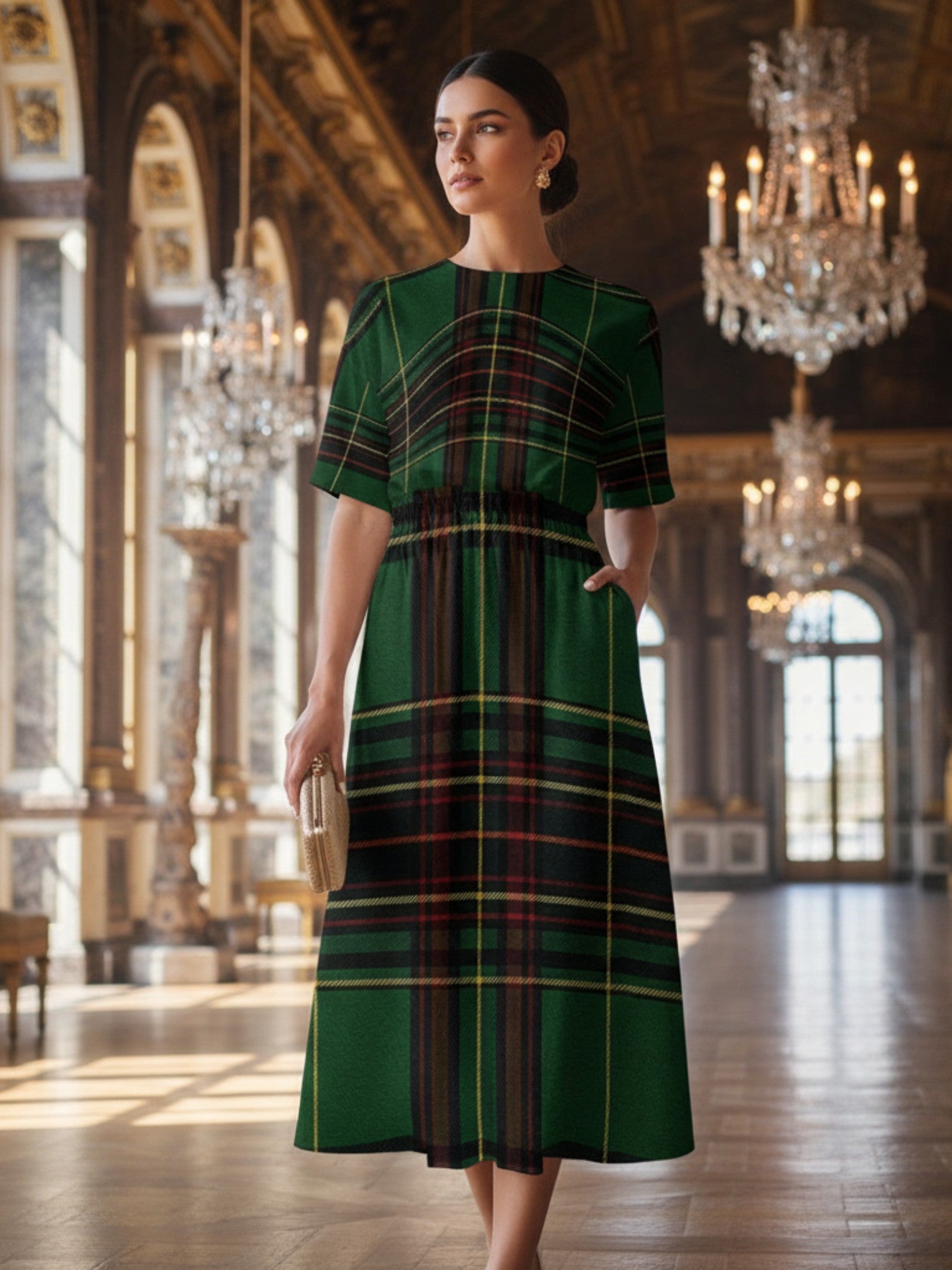 Cramond Tartan Short Sleeve Midi Dress Scottish herritage Dress in green with plaid pattern from Angelic Blessings Shop