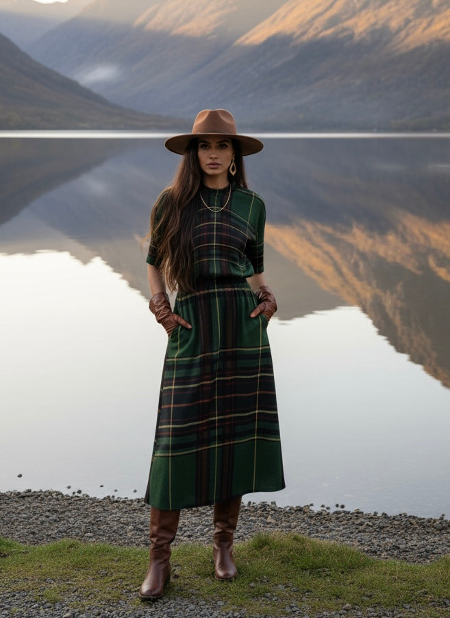 Cramond Tartan Short Sleeve Midi Dress Scottish herritage Dress worn with brown hat and boots near a lake