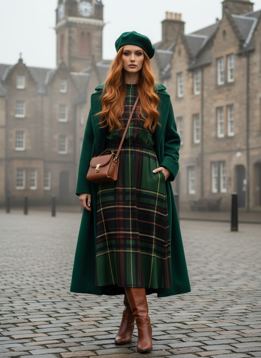 Model wearing Cramond Tartan Short Sleeve Midi Dress Scottish herritage Dress with green coat and beret