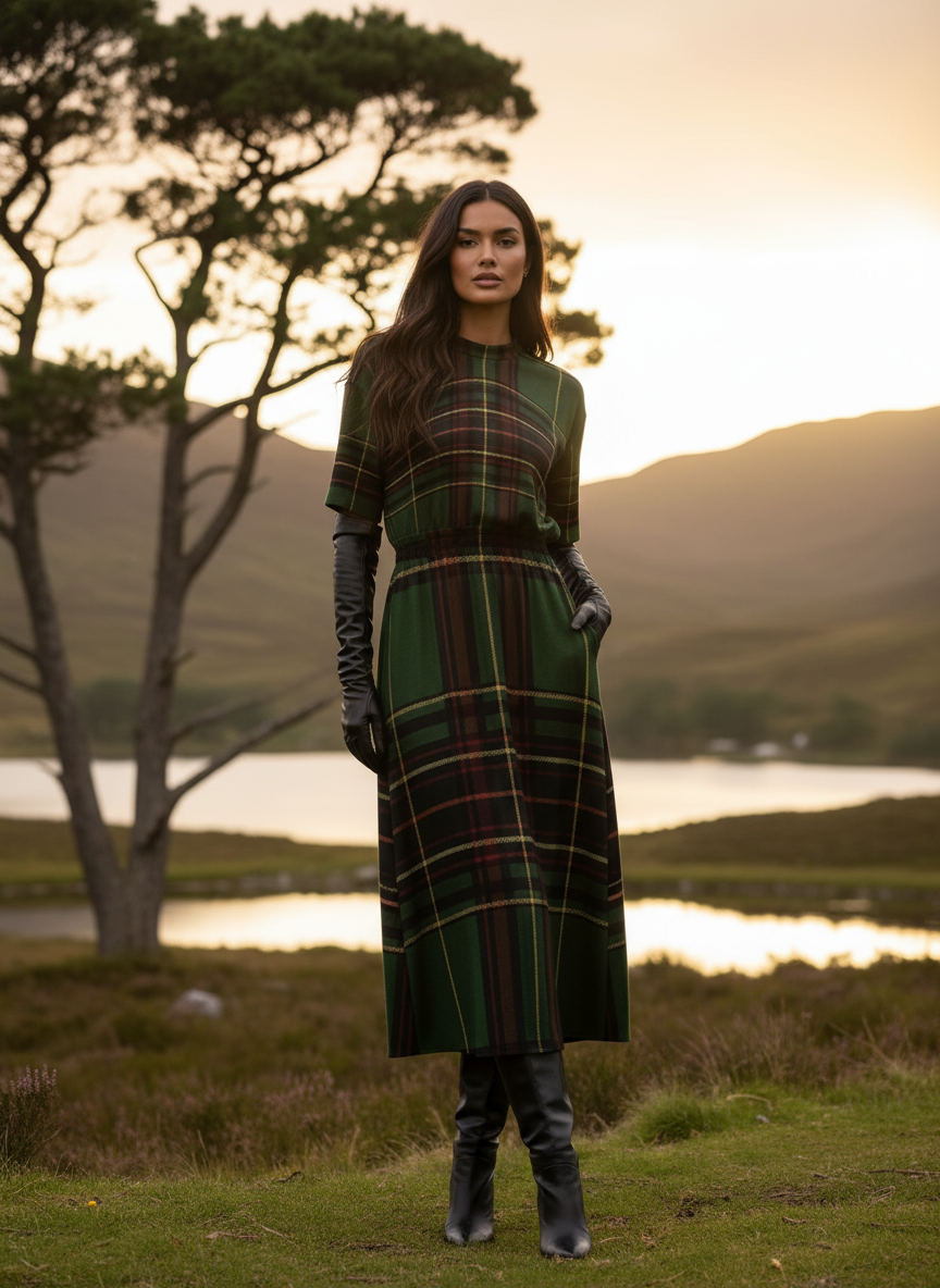 Cramond Tartan Short Sleeve Midi Dress Scottish herritage Dress in green plaid worn outdoors at sunset