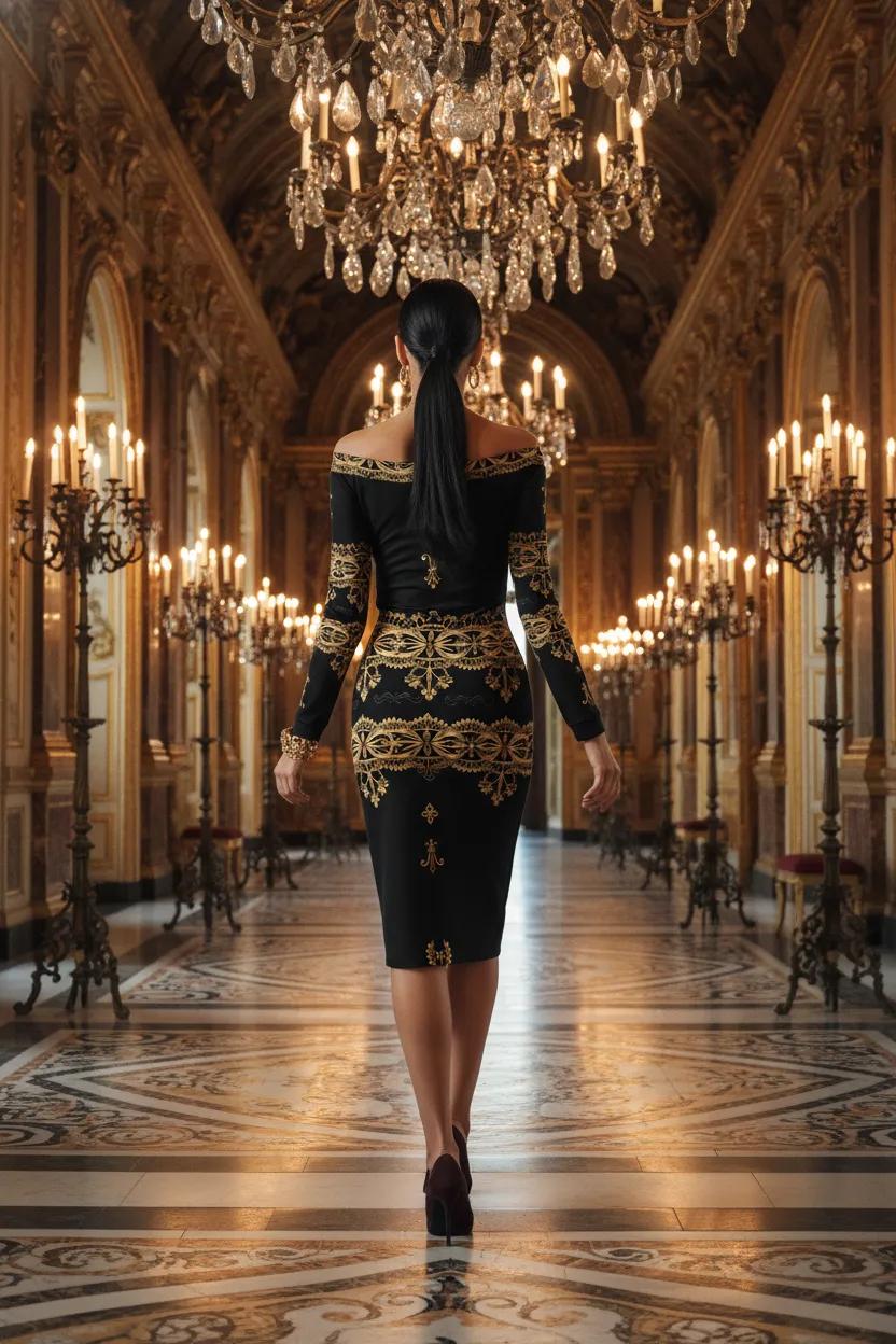 Czarna Regnum Black and Gold Baroque Midi bodycon dress elegant evening outfit