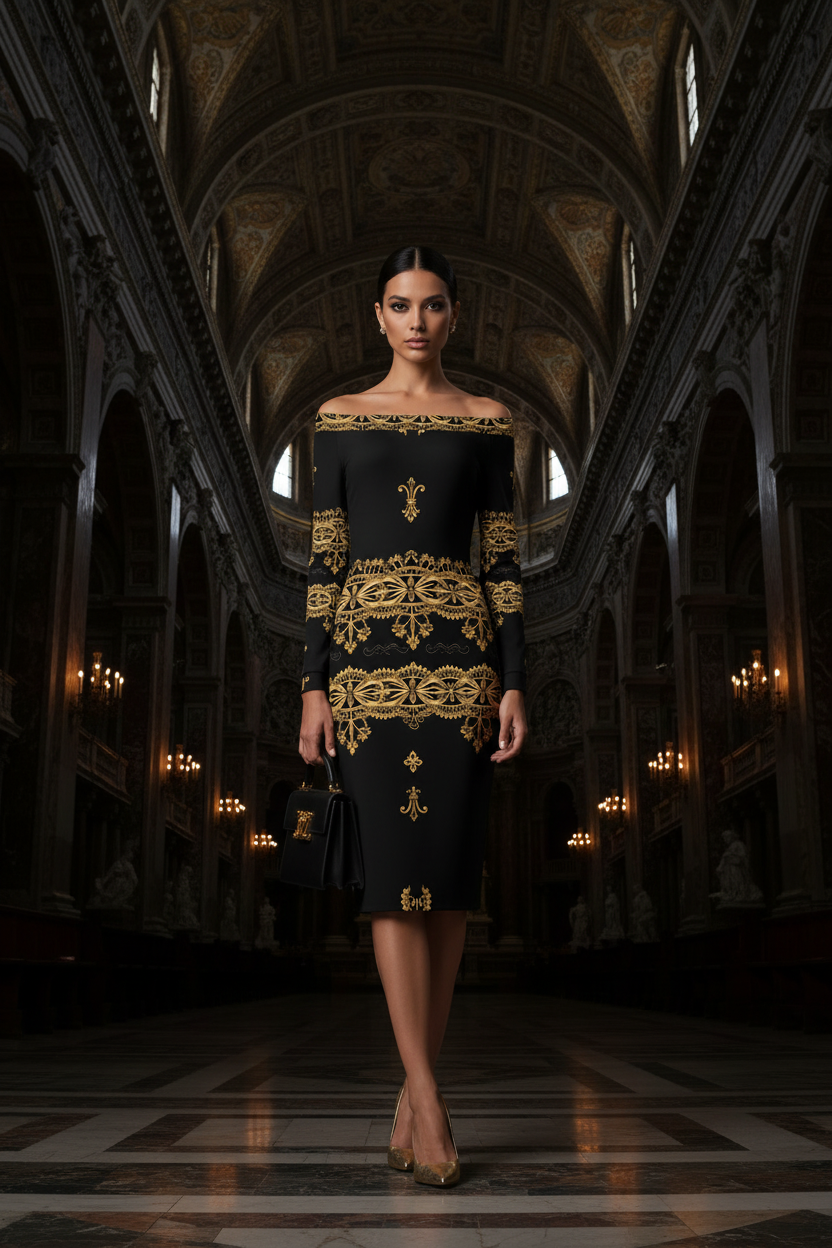 Czarna Regnum- Black and Gold Baroque Midi Bodycon Dress Elegant Evening Outfit