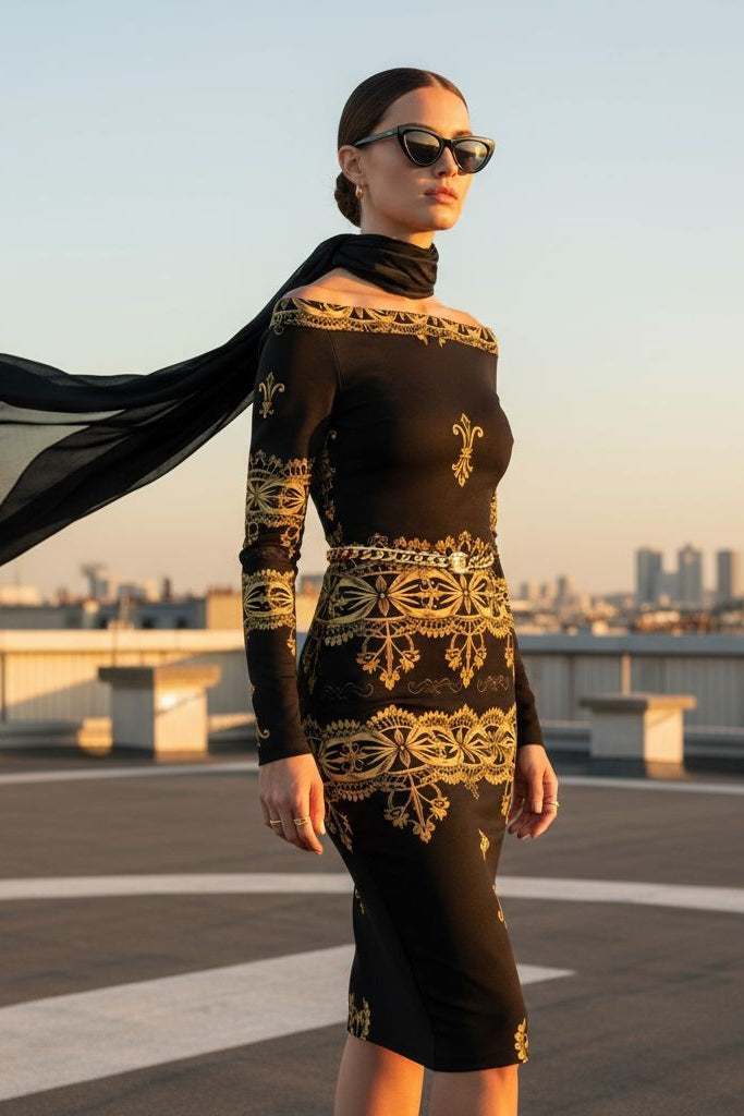 Czarna Regnum Black and Gold Dark Feminine Midi bodycon dress Elegant Evening Outfit
