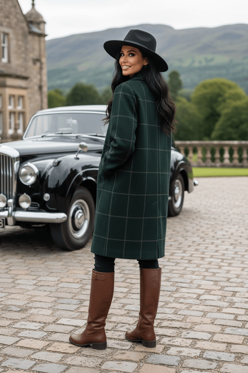 Woman wearing dark green tartan lapel coat and black hat standing near vintage car outdoors