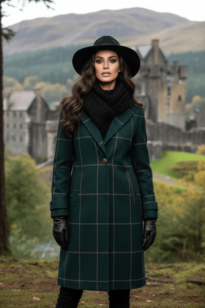 Woman wearing dark green tartan lapel coat with black gloves and hat standing outdoors near castle