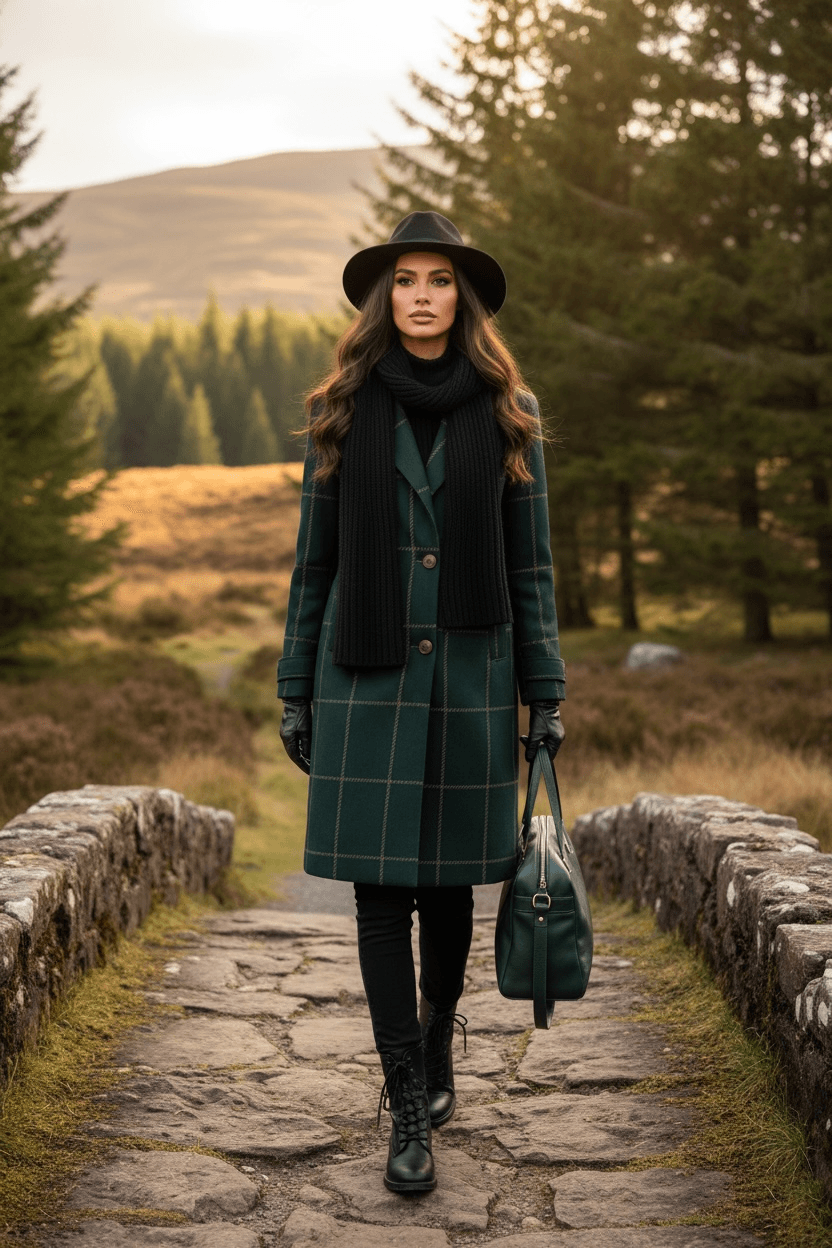 Woman wearing dark green tartan lapel coat walking on stone path in forest setting