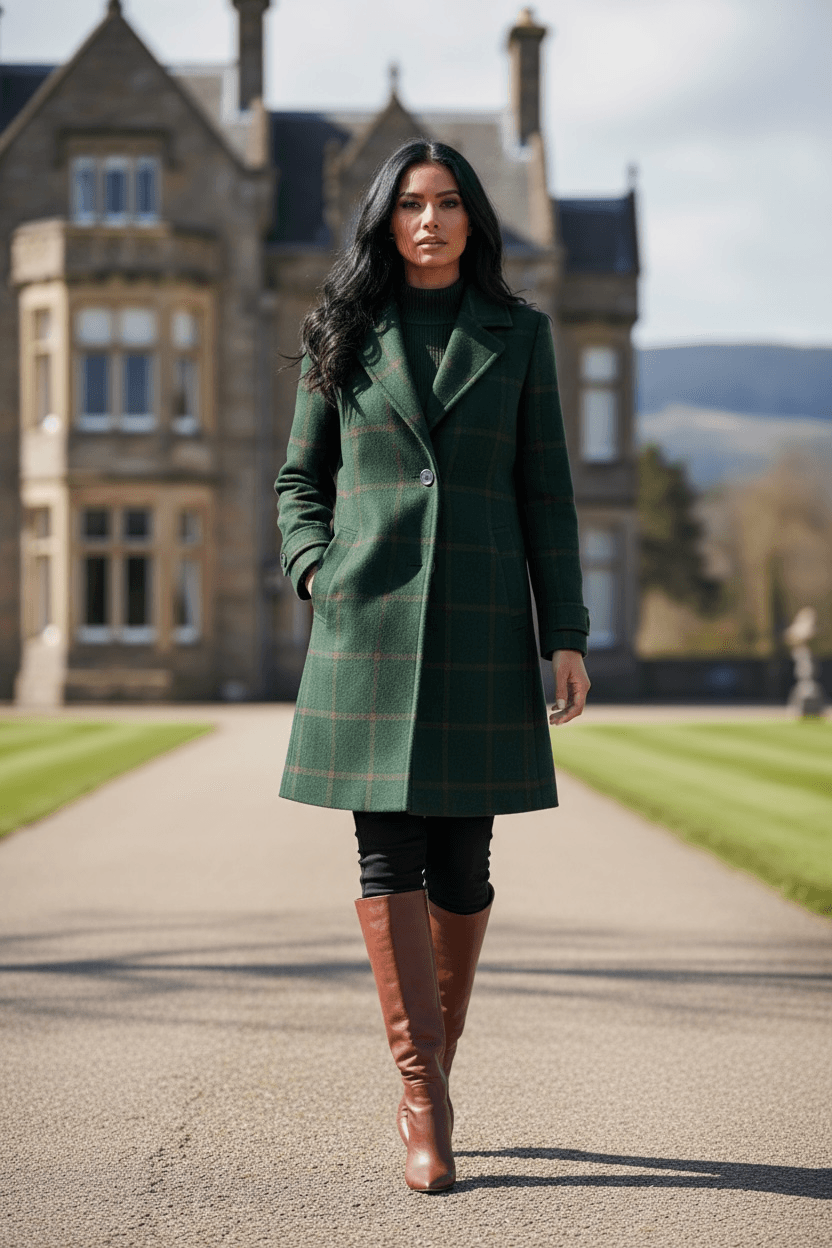 Woman wearing dark green tartan lapel coat walking outdoors in front of a large historic building