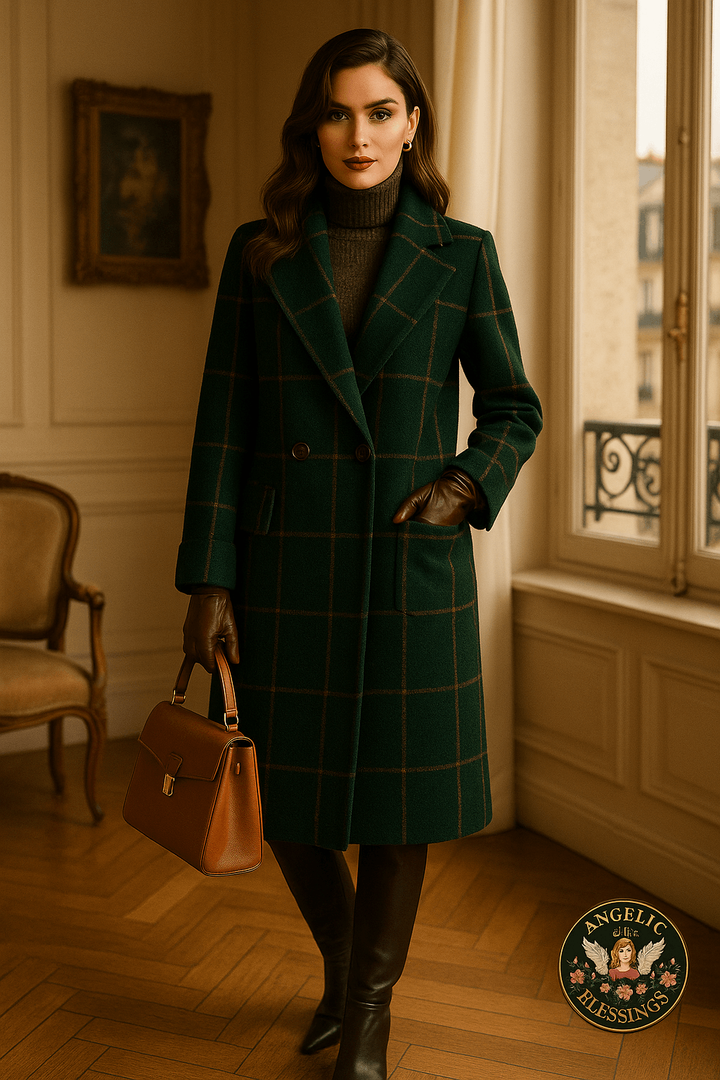 Woman wearing dark green tartan lapel coat with brown gloves and handbag indoors