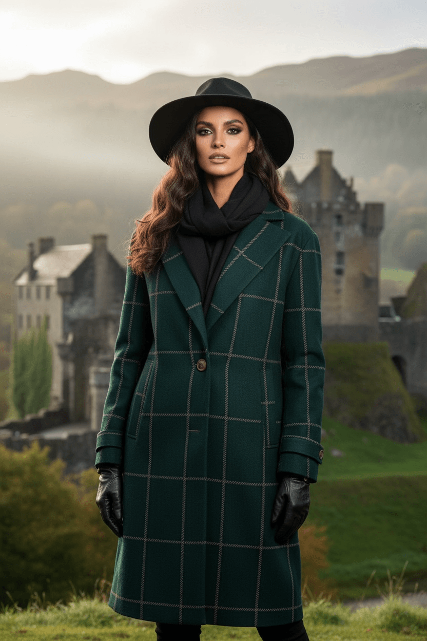 Woman wearing dark green tartan lapel coat with black gloves and hat standing outdoors near castle