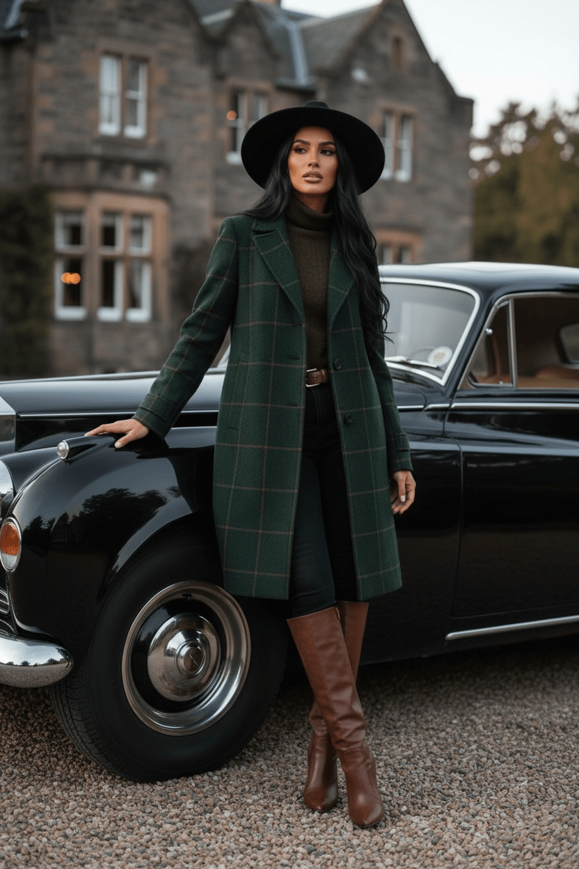 Woman wearing dark green tartan lapel coat with black hat and brown boots standing by vintage car