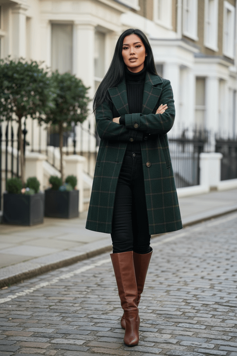Woman wearing dark green tartan lapel coat walking on city street by Angelic Blessings Shop
