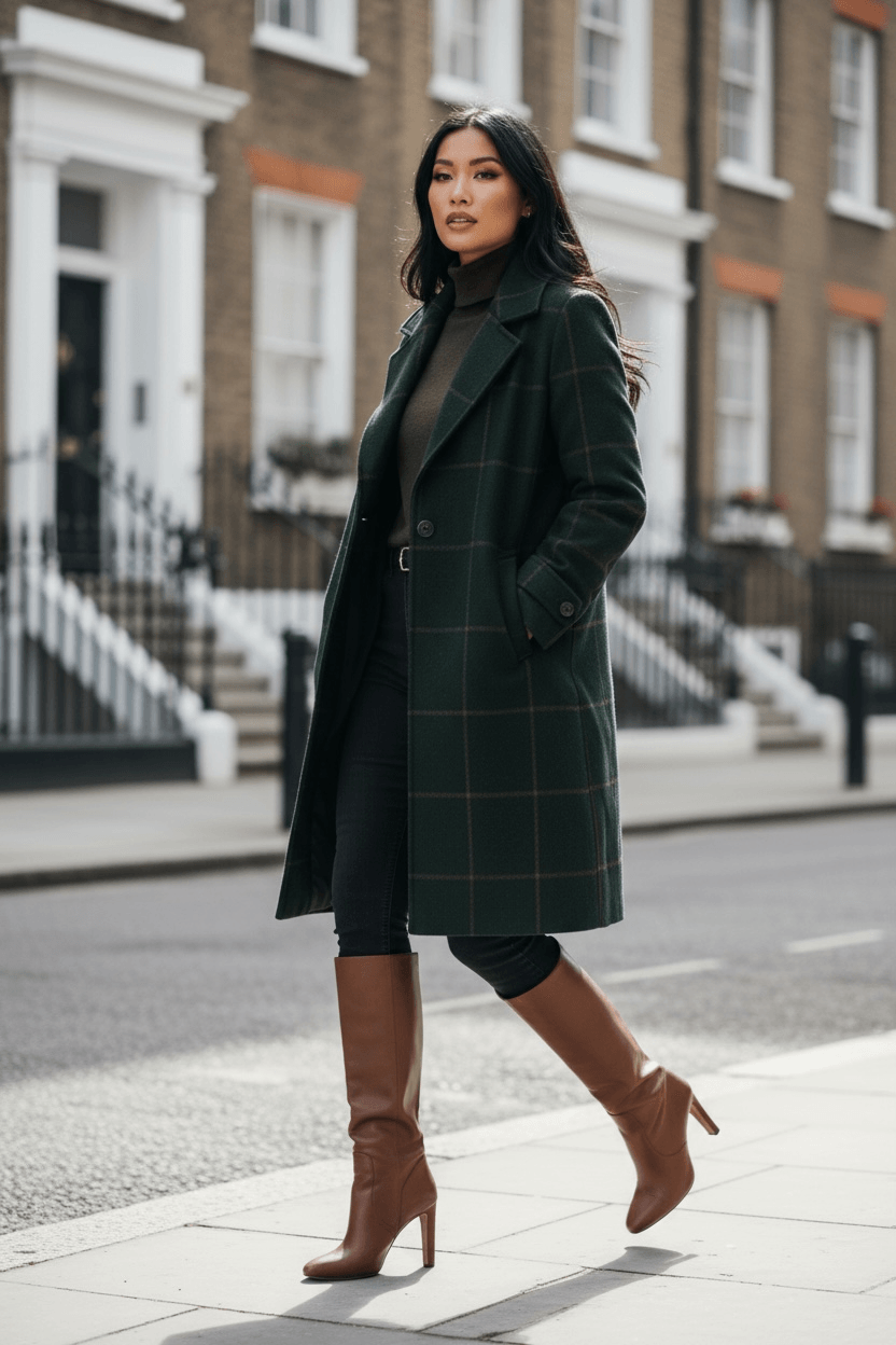 Woman wearing a dark green tartan lapel coat paired with black pants and brown heeled boots