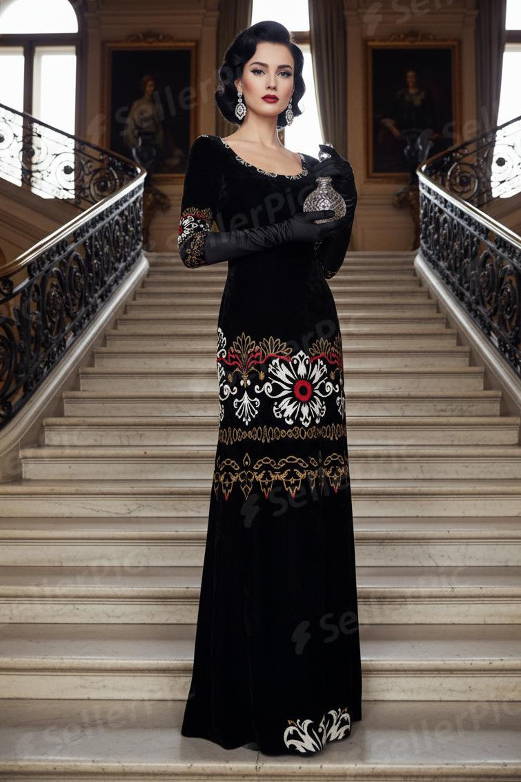 Dark Grey Floral Women’s Velvet Shine Maxi Dress – Long Sleeve Elegant Evening Gown worn by woman on grand staircase