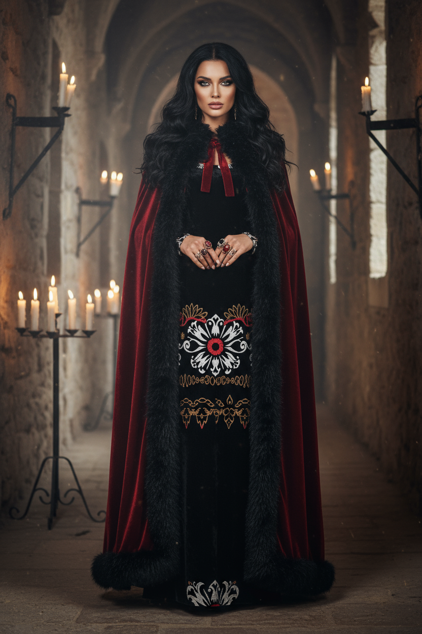 Dark Grey Floral Women’s Velvet Shine Maxi Dress – Long Sleeve Elegant Evening Gown XS-6XL worn with a red fur-lined cloak in a candlelit medieval hallway